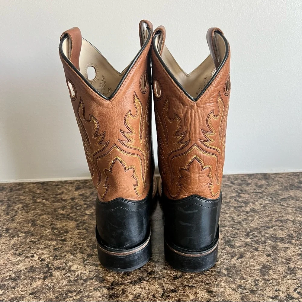 Kids Two-Tone Leather Western Boots - Black & Brown